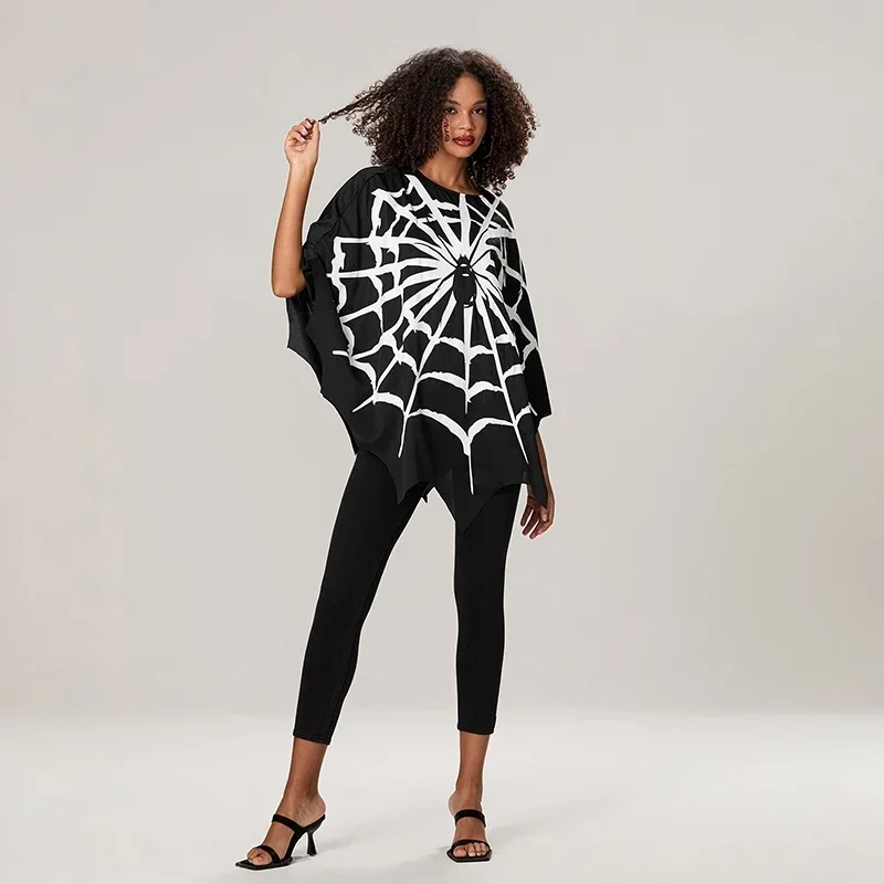 Adult Spider Web Print Cape Funny Halloween Costumes Party Cosplay Poncho Tops Clothes