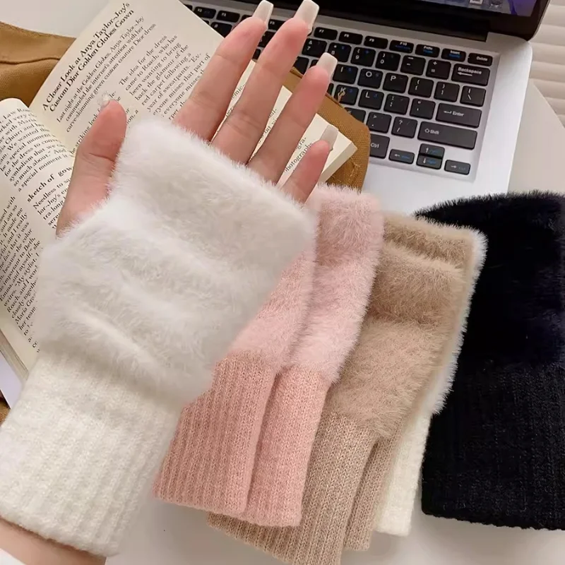 

Winter Half Finger Gloves Women Warm Soft Solid Color White Plush Knitted Fingerless Gloves Wrist Mittens Outdoor Hand Warmer