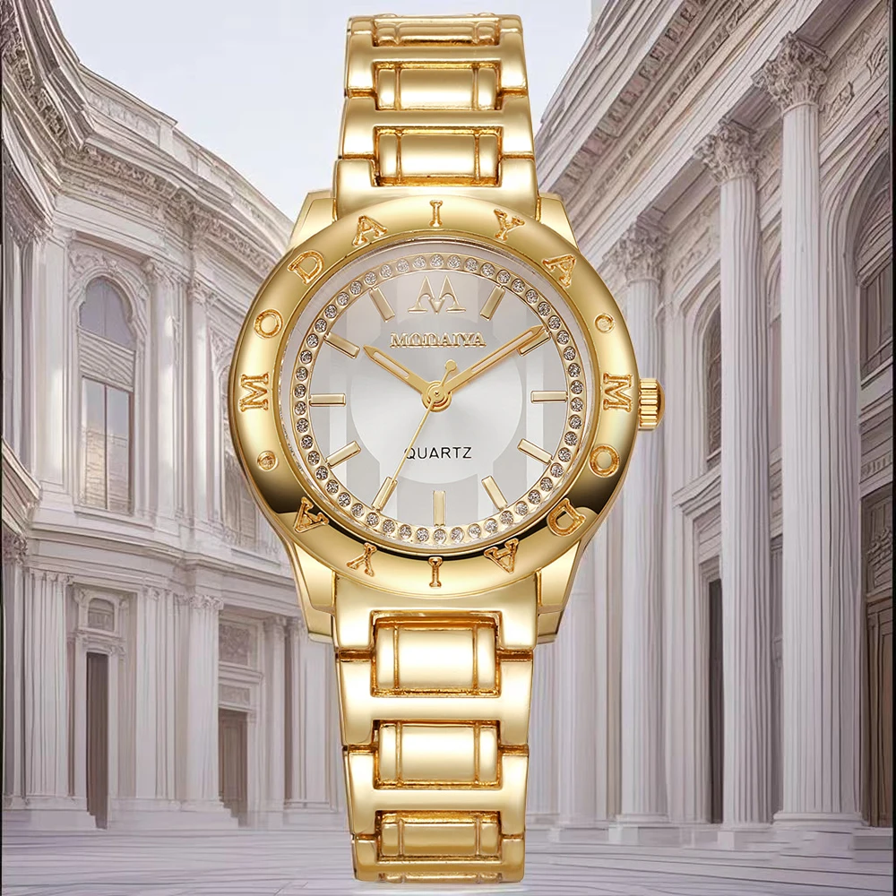 MODAIYA 골드 여성용 쿼츠 시계 스파클링 다이아몬드 세트 럭셔리 여성 드레스 패션 선물 시계