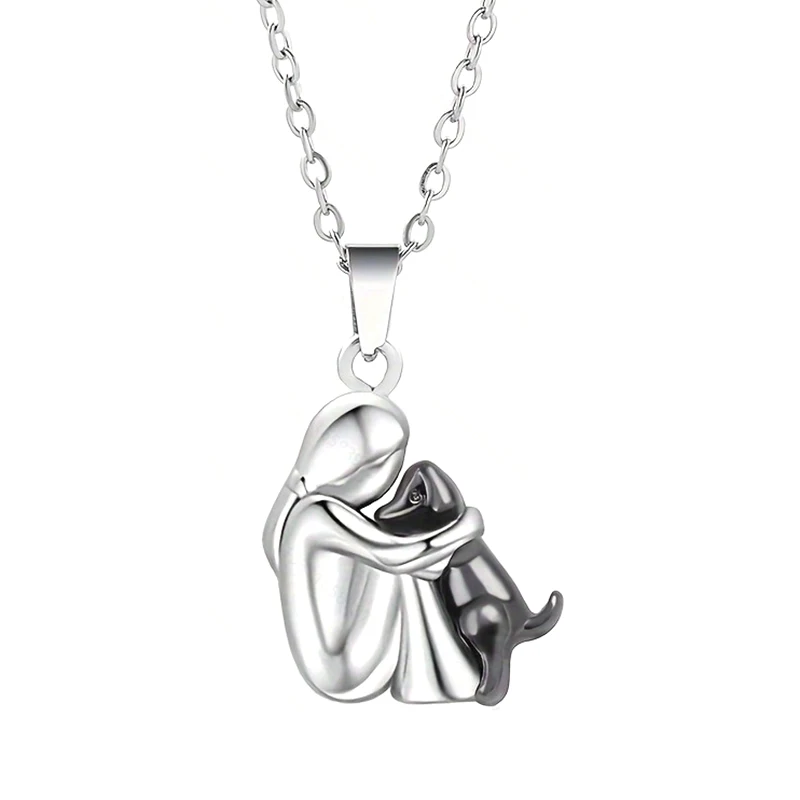 Cute Two Tone Color Girl Hugged Dog Necklace Fashion Women and Pet Pendant Jewelry Accessories