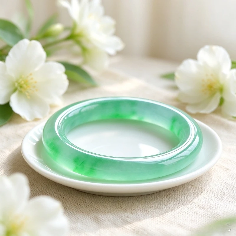 Natural High Ice Semi-transparent Ice Bottom, Green Flower Bracelet, Elegant and Light Luxury