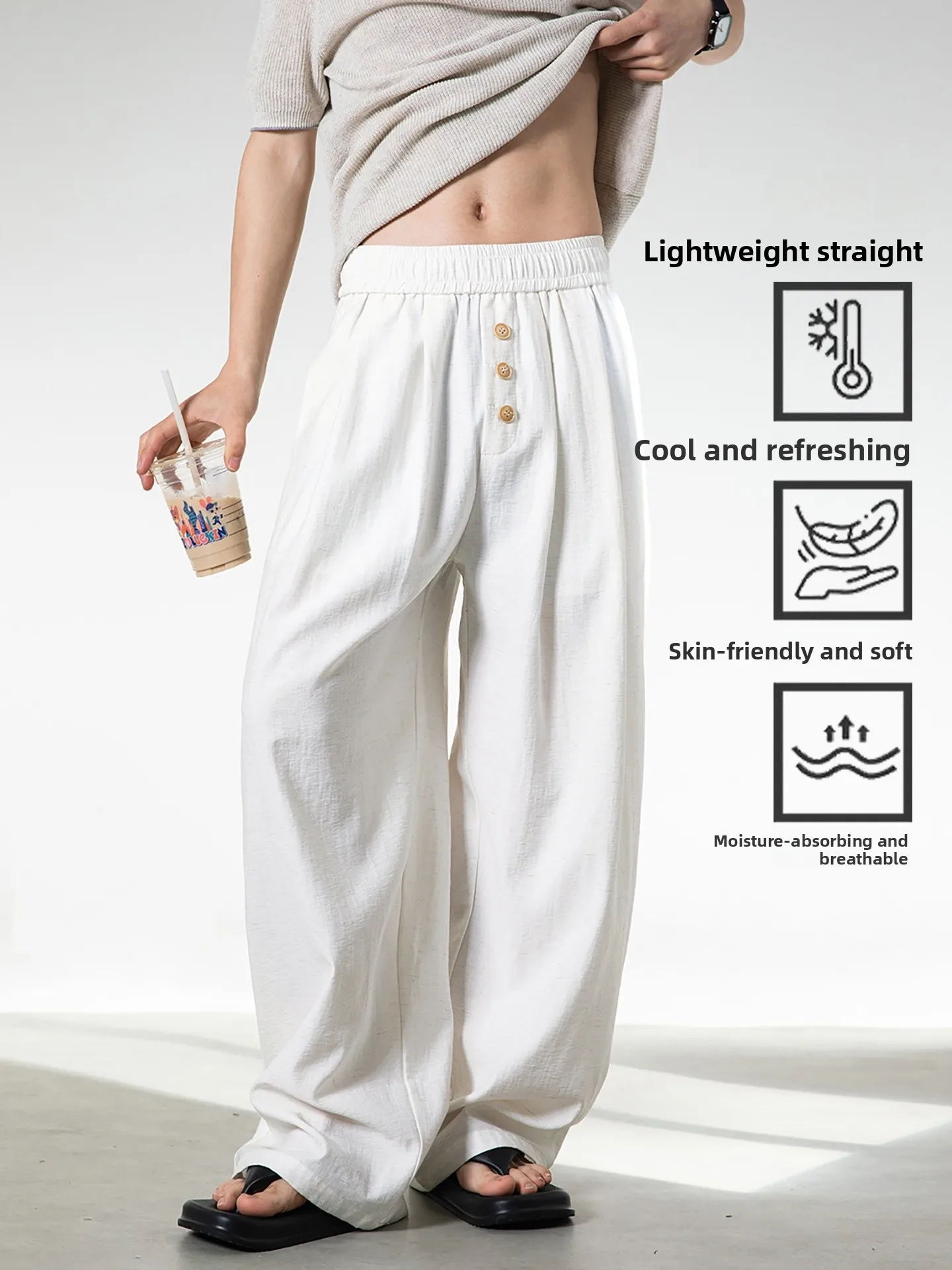 

American Retro Cotton Linen Texture Men's Summer Casual Pants Loose Drape Straight Leg Trousers with Button Casual Faion