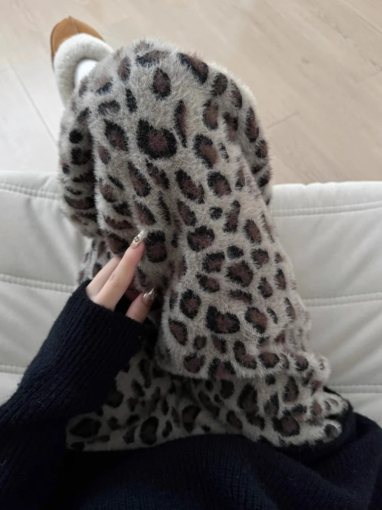 Vintage Leopard Print Fleece-Lined Pants Women Soft Wide-Leg Trousers Drawstring Casual Fall Winter Warm Straight-Leg Pants