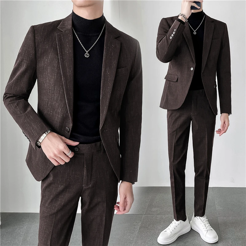 Light Mature Style Korean Version Slim Man (suit +trousers) Stylish and Handsome Casual Dotted Line Striped Suit Three-piece Set