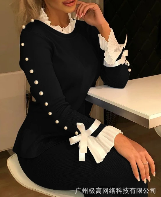 2024 Spring Fashion Women's Casual Shirt Pearl Decoration Princess Long Sleeved Bow Spliced Ruffle Edge Neckline Elegant Top