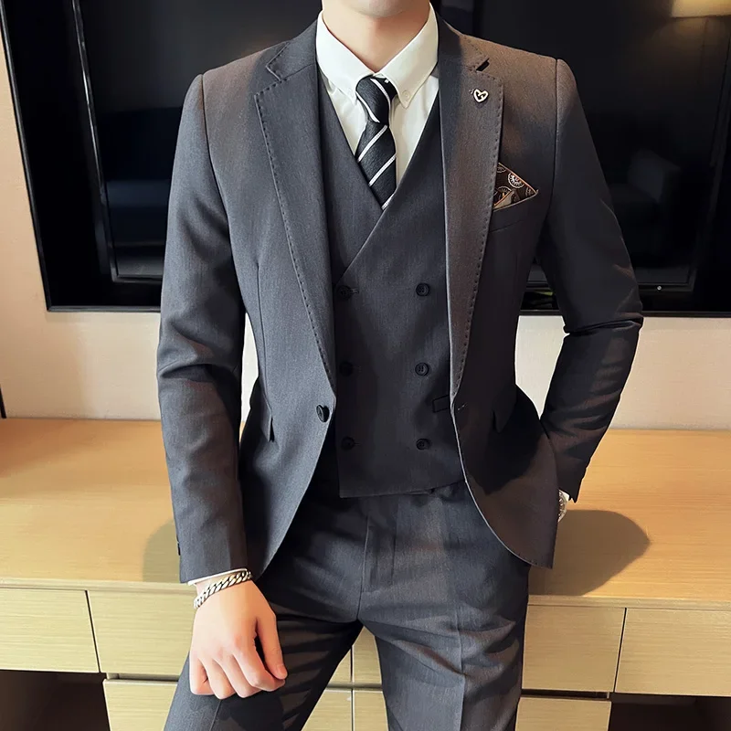 2023 Fashion New Men Business Solid Color Slim Suit / Slim Fit Double Breasted Waistcoat Dress Blazers Jacket Coat Vest Pants