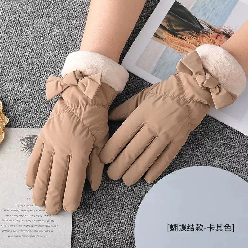 Winter Gloves Women Touch Screen Soft Skin-friendly Elegant Bow Wrist Outdoor Thicken Warm Cycling Driving Female Gloves