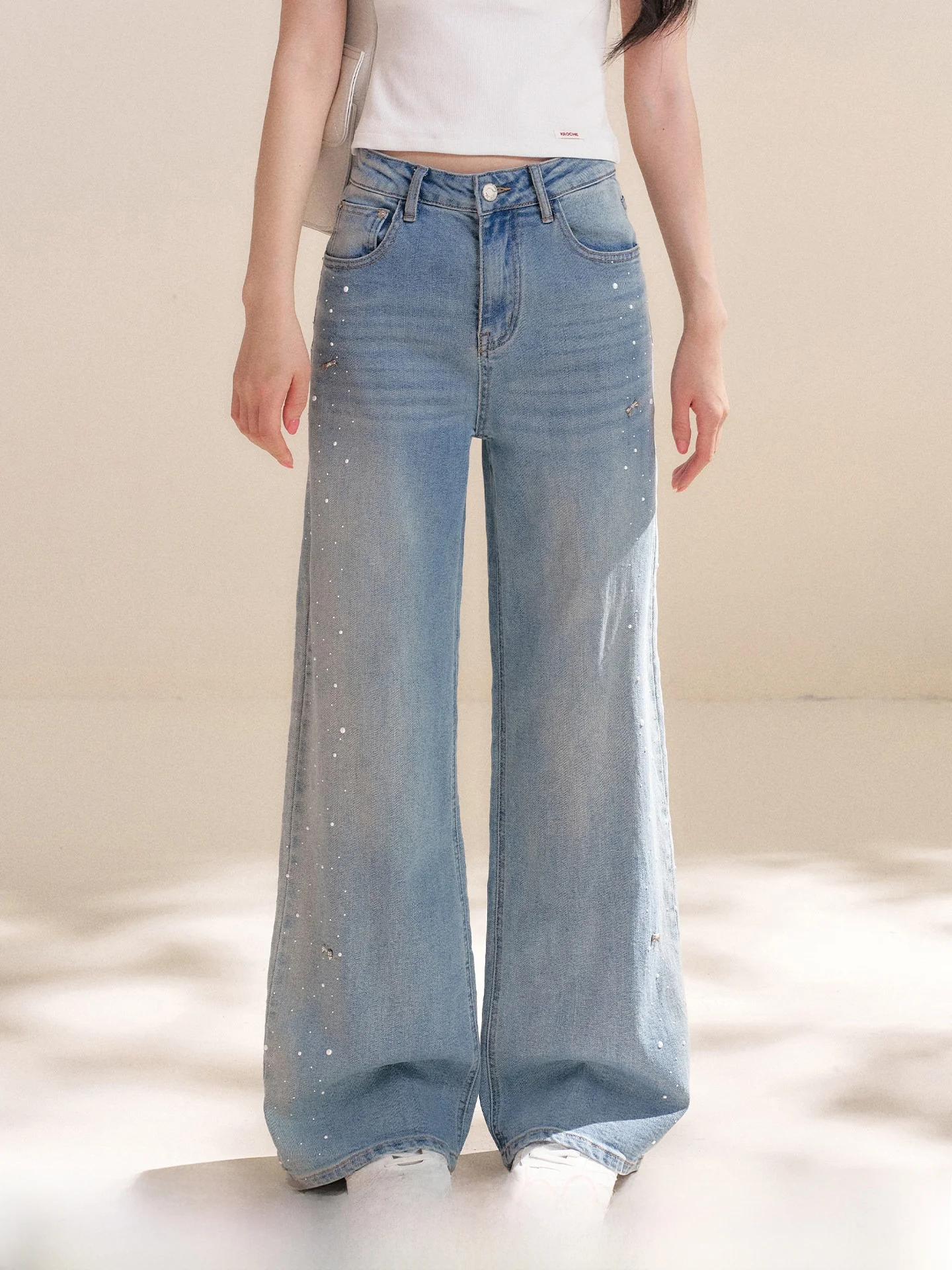 

Kroche Moonlight Pearl Stitched Straight Leg Denim Pants 3D Knot Heavy Industry Natural Waist Ladies Jeans