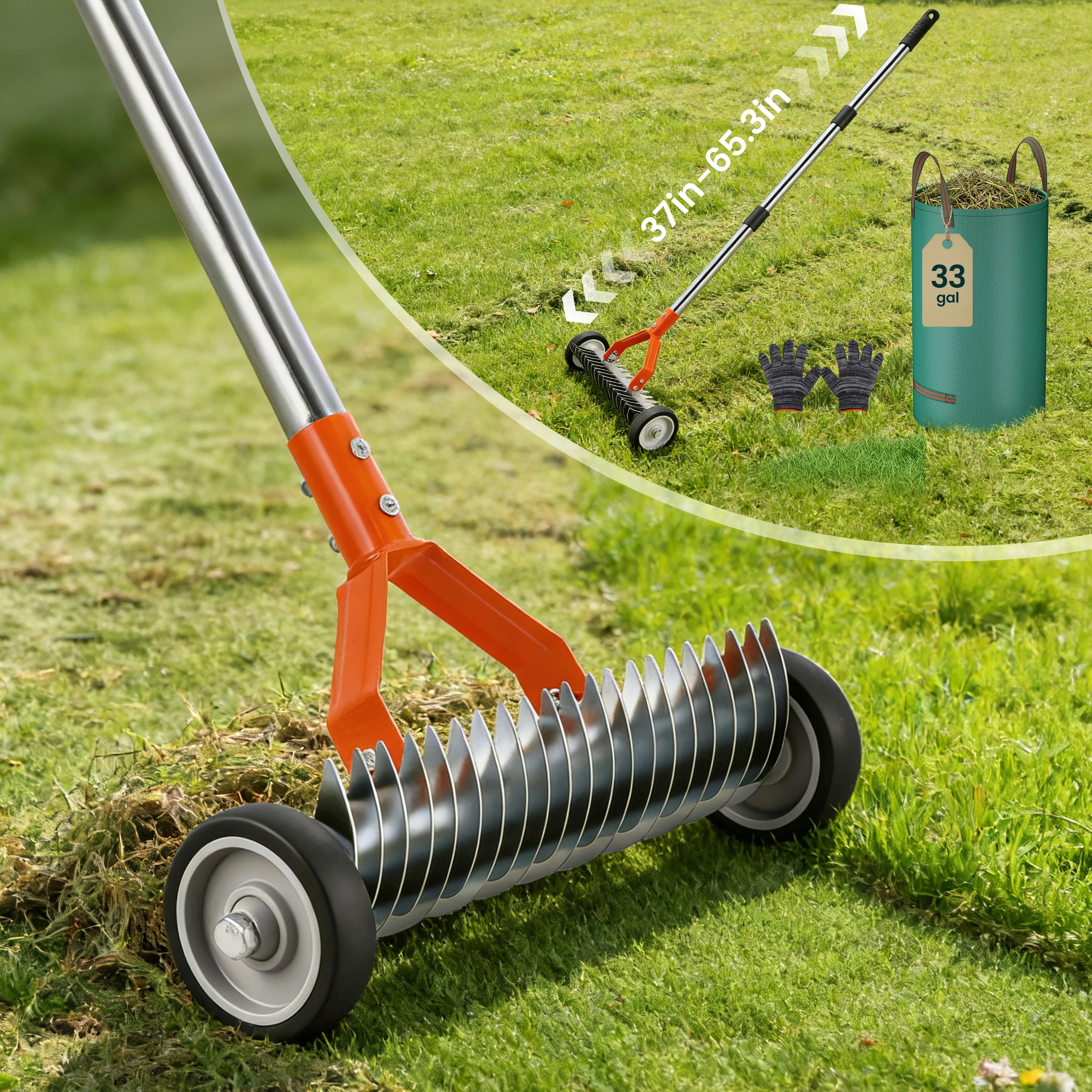 Abnehmbarer Rasenrechen mit Rolle, Gartenrechen für Rasenpflege mit Handschuhen, 33-Gallonen-Müllsack