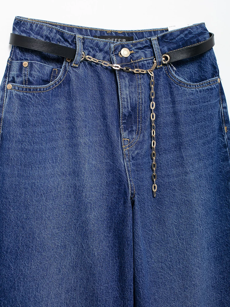 KUCLUT أزياء النساء مع حزام الدنيم الأزرق الجبهة زيبر السراويل المستقيمة الجينز خمر عالية الخصر كامل طول السراويل النسائية