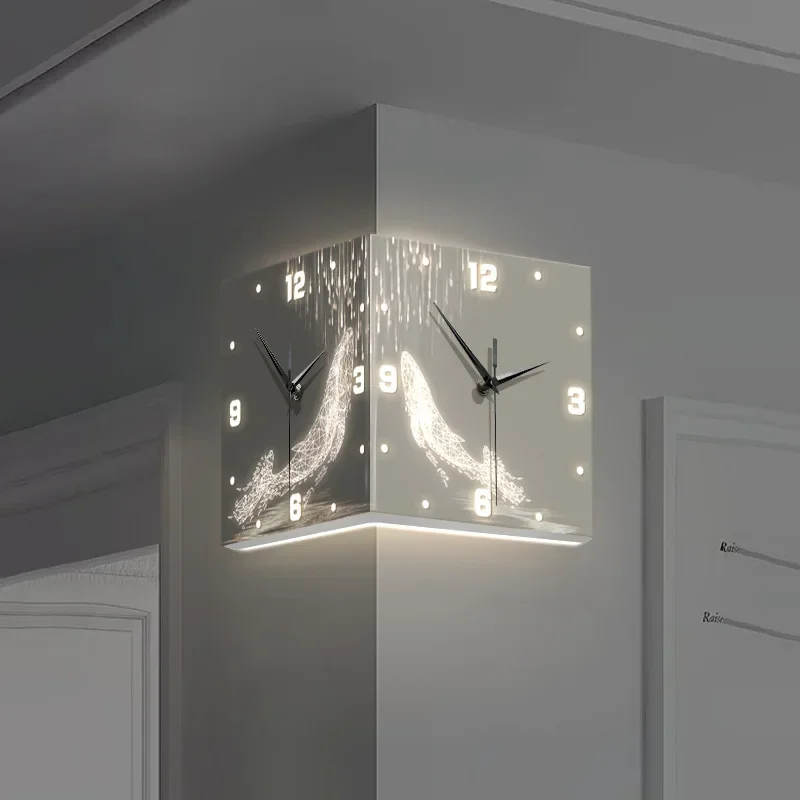 Cream wind corner double-sided wall clock household simple corner clock wall hanging creative non-punching led wall lamp clock