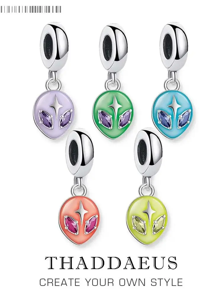 Alien Head Dangle Charm Wisiorek w stylu europejskim Fine Jewelry Kobiety Mężczyźni Modny prezent ze srebra próby 925 — zdjęcie 2