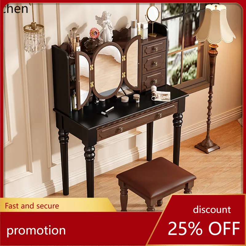 

HT Solid Wood Dressing Table Modern Minimalist Bedroom Makeup Table Storage Cabinet Integrated with Mirror Furniture