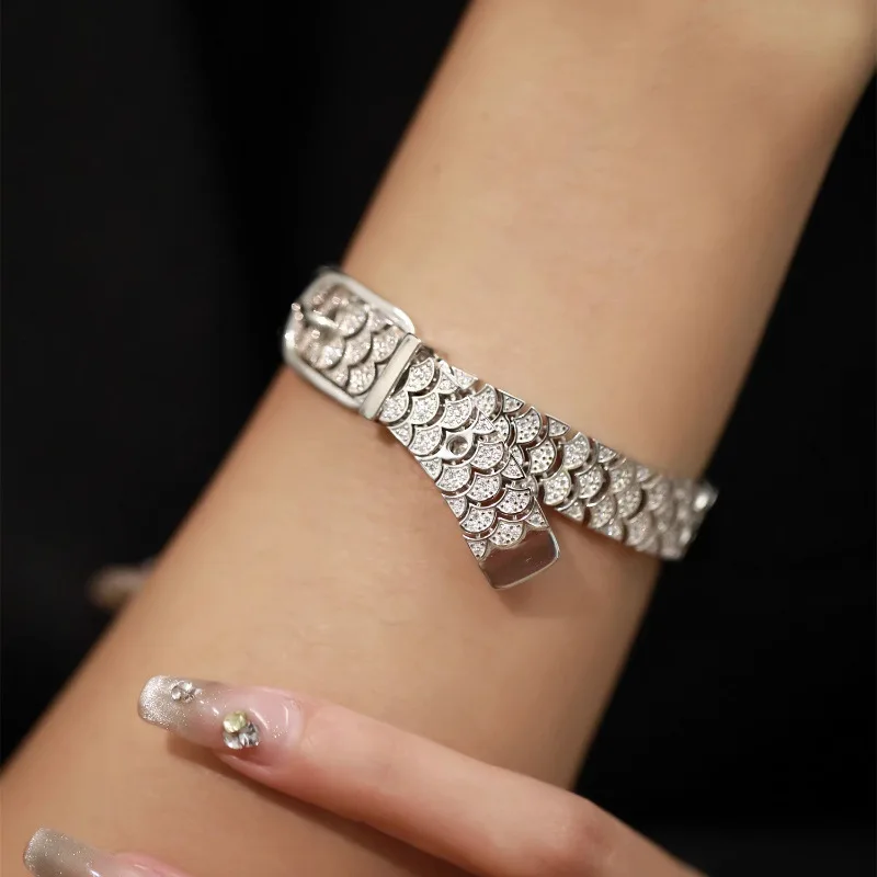 Pulsera de reloj de pez táctil con diseño de plata de ley s925, cadena de reloj de temperamento de escala brillante femenina, Advanc