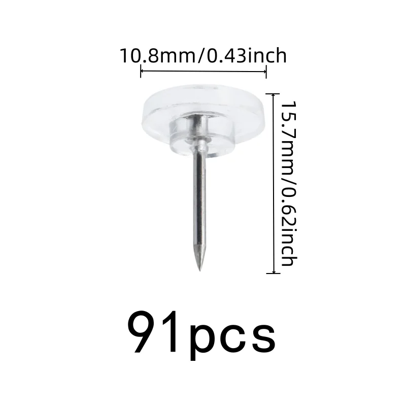 91 pcs Clear Flat Thumb Tacks, Easy Push Sharp Pin, suitable for Office Bulletin Board, Transparent Flat Head