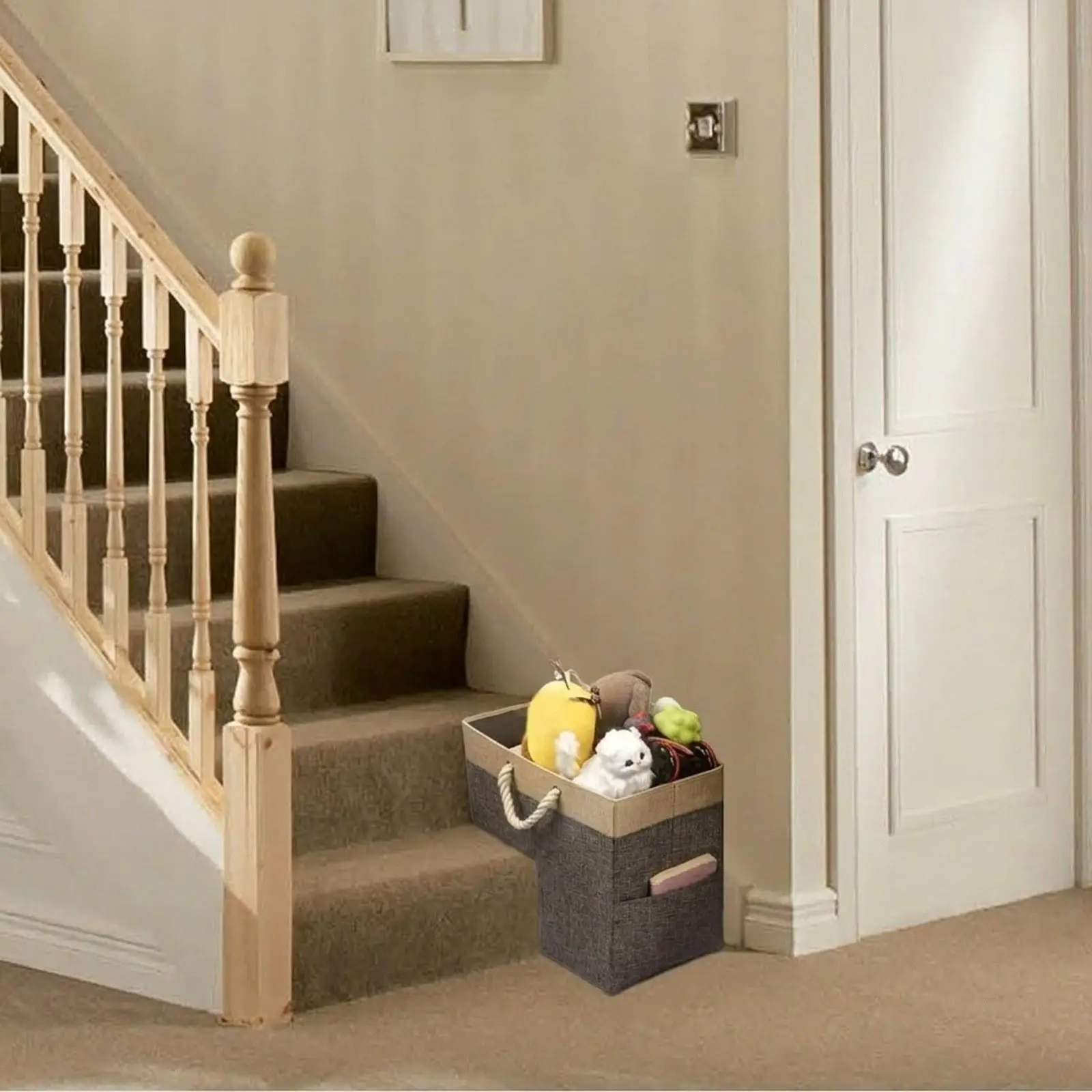 Stair Storage Basket L Shaped Washable Cotton with Sturdy Handle for Wooden and Carpeted Stairs