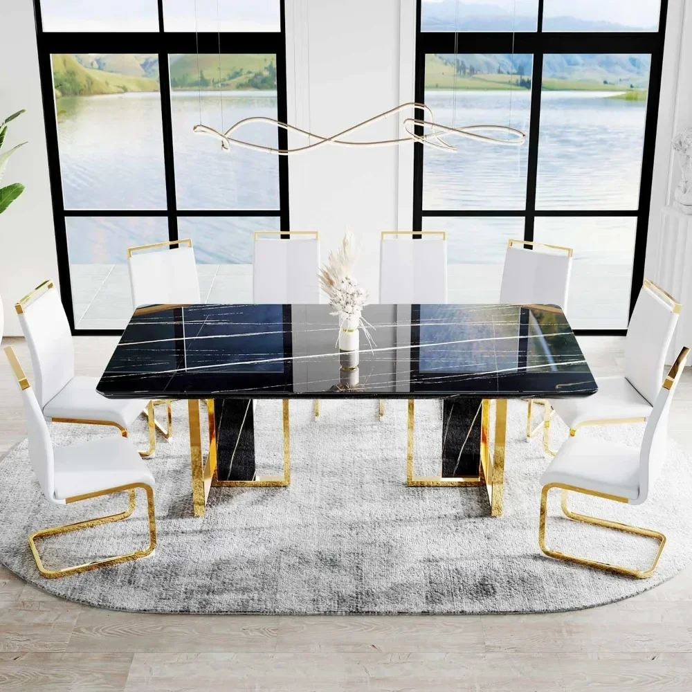 79in Dining Table Set for 8,Tables with Glossy Faux Mareble Table Top, Dining Room Tables Set for8,9 Piece Table and Chairs Set