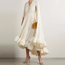 Women Evening Dresses Elegant Long Dress Ladies Summer Sexy V-Neck Cape Ruffled Waist Slimming Dresses Party Dress for Female