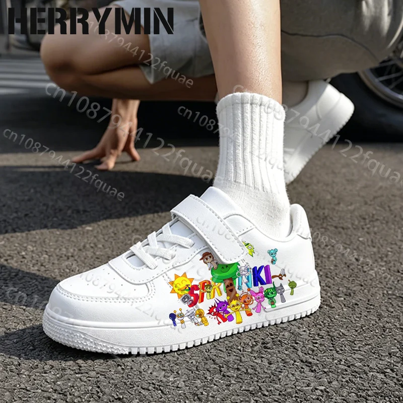 Picture 4: High Quality Boys Girls Kids S-Sprunkis Graffiti Printing Shoes Arch Support Solid Color Sole Lace Up White Shoes Size 28-40