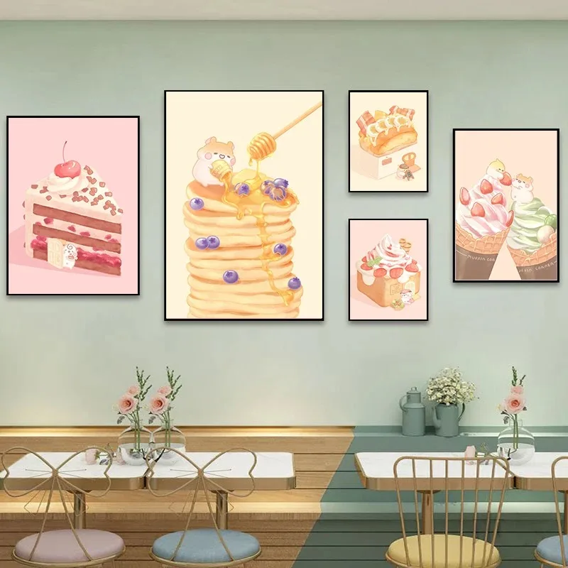 Cartoon Cute Muffinmaru Bubble Tea Cake Dessert Poster Hamster Prints Canvas Painting Wall Art Shop Home Restaurant Room Decor