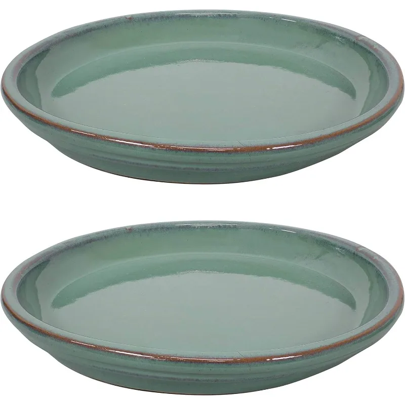 Ceramic Outdoor Flower Pot Saucers Set of 2 - UV- and Frost-Resistant -Seafoam Glazed Finish - 12-Inch