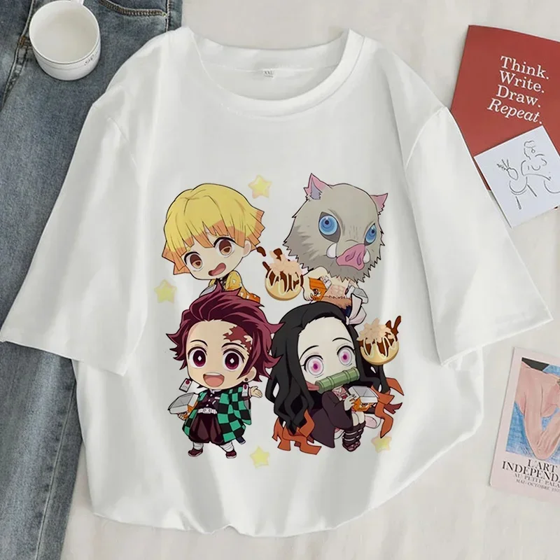 T-Shirt imprimé Demon Slayer pour femmes, Style Harajuku, haut blanc à manches courtes, Anime japonais, Streetwear, T-Shirt d'été