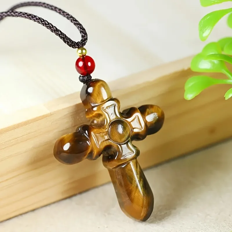 

Natural Tiger's Eye Stone Cross Pendant, Suitable for Daily Wear, Neutral Holiday Gift