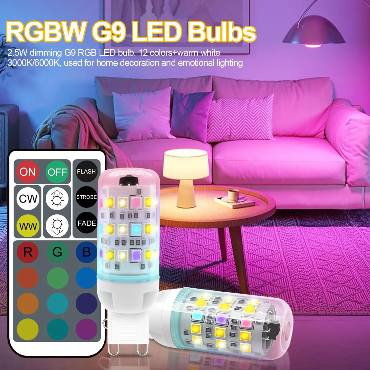 G9 LED Bulb Dimmable,12 Color RGB+Warm White 3000K Color Changing with IR Remote Control Control, AC100-240V, Halloween,2 Pack
