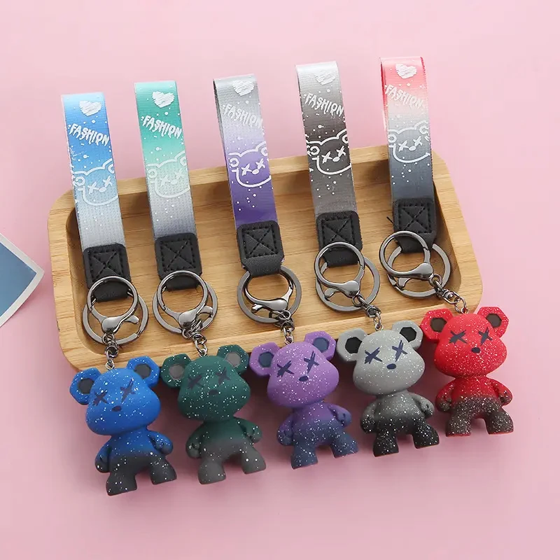 Colorful Chameleon Bear Car Keychain Key Storage Pendant Key Chain Bag Charm Auto Doll Small Gift Key Ring Accessories