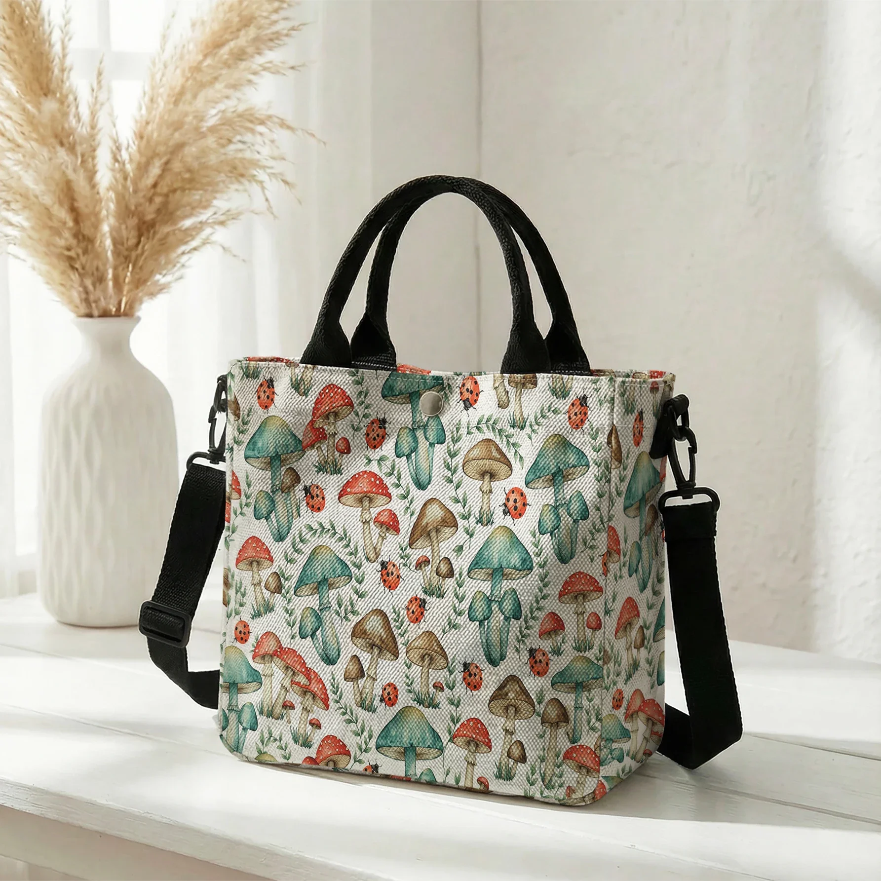 Mushroom Ladybug Print Tote Bag, Detachable Strap Crossbody Handbag For Daily Work Shopping