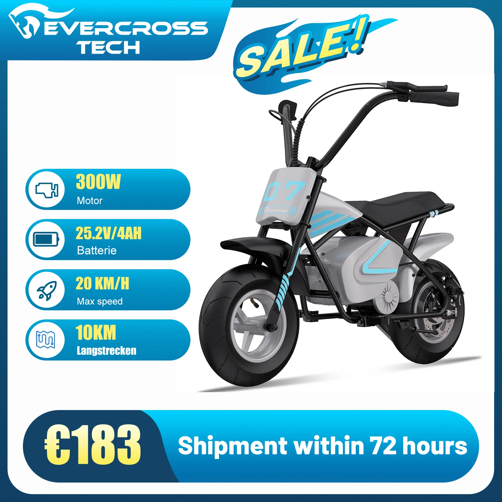 EVERCROSS TECH EV 07M child electric Motorbike, speed 20 km/h, range 10 km, wheels 11 