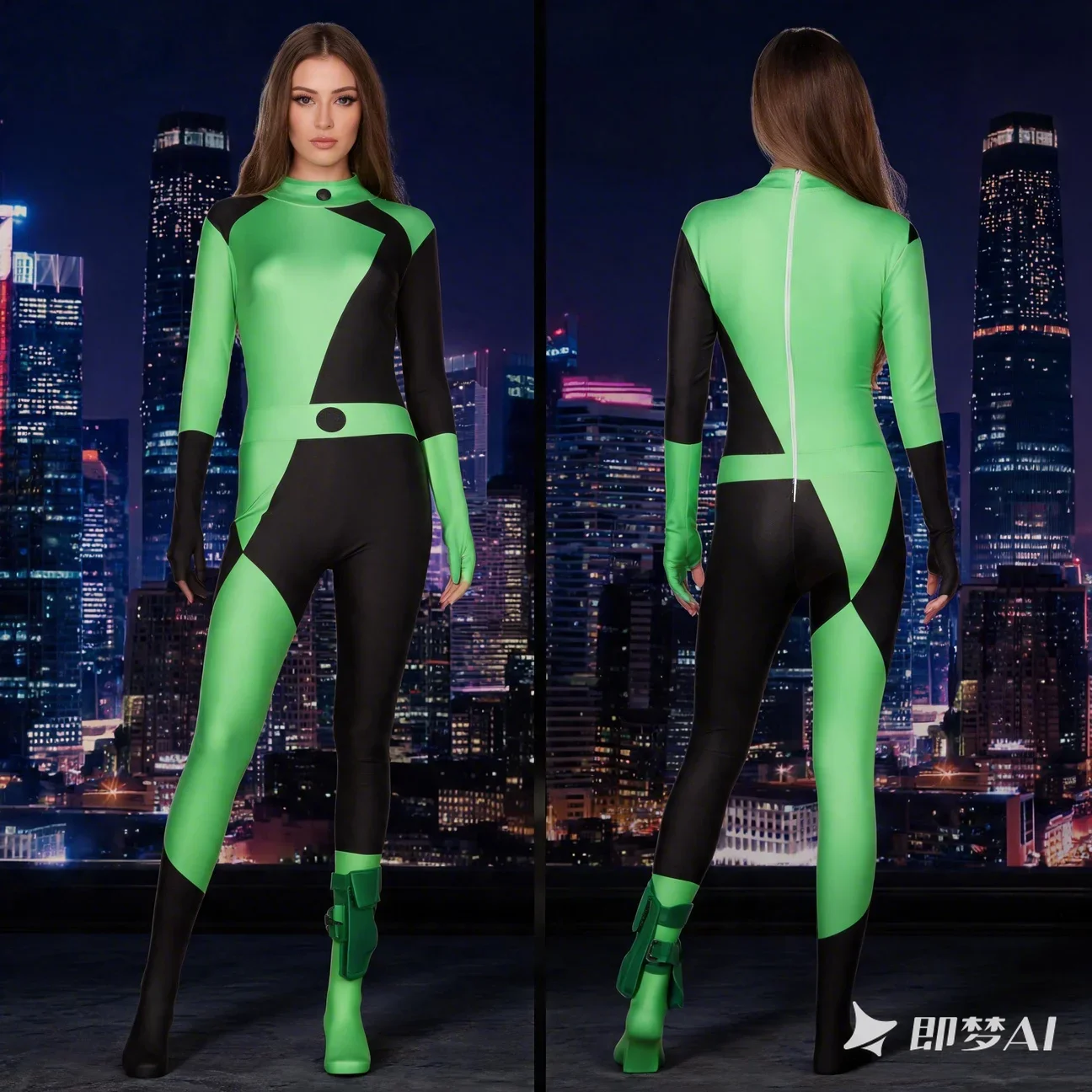 Women Halloween Party Fancy Costume Kim Possible Shego Cosplay Zentai Bodysuit Polyester Jumpsuit for Adults
