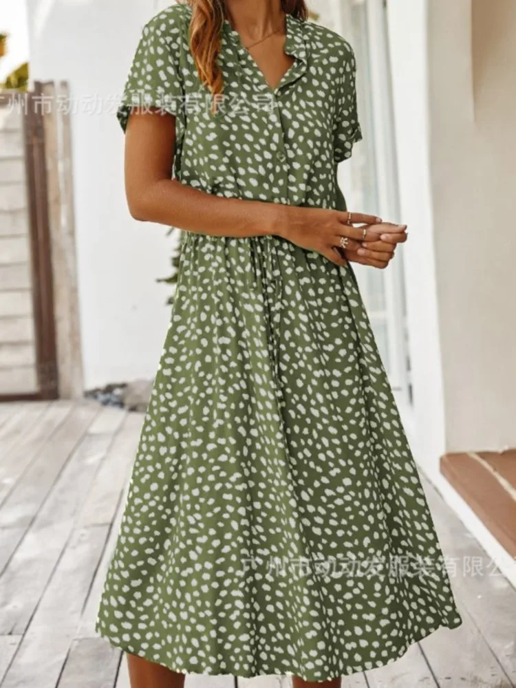 2025 موضة جديدة فستان صيفي المرأة البولكا نقطة البوهيمي طباعة فستان البوهيمي منتصف طول عالية الخصر شال عطلة فستان صيفي #3