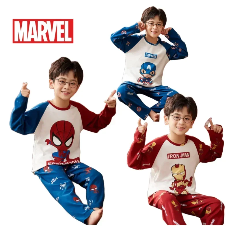 Pijamas creativos de Los Vengadores de Marvel para niños, ropa de casa de algodón de manga larga suelta, Iron Man, Spider-Man, dibujos animados, primavera y otoño