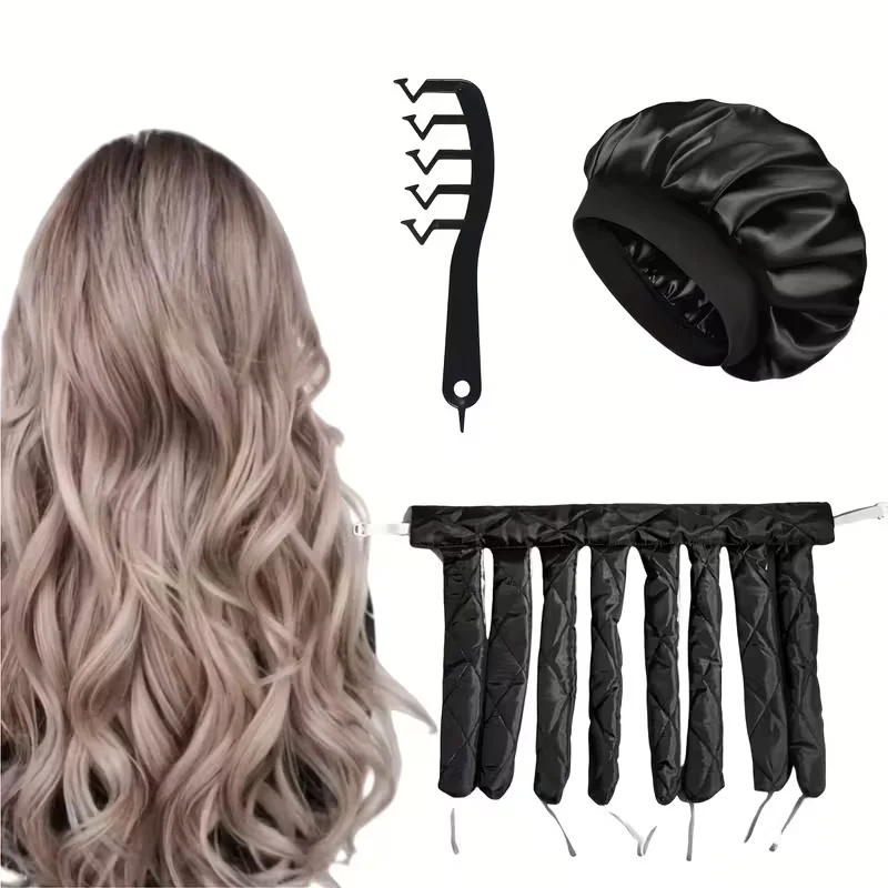 3-teiliges Set für Damen: Heißluftloser Lockenstab und Haarband, Heißluftloser Lockenstab, Satin-Schlafhaube und gewellter Z-Kamm, zum Selbermachen. – Detail 4
