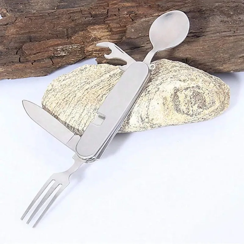 4-in-1 Stainless Steel Portable Camping Cutlery Foldable Detachable Fork Spoon Knife Opener Tableware for Hiking Travel Outdoor