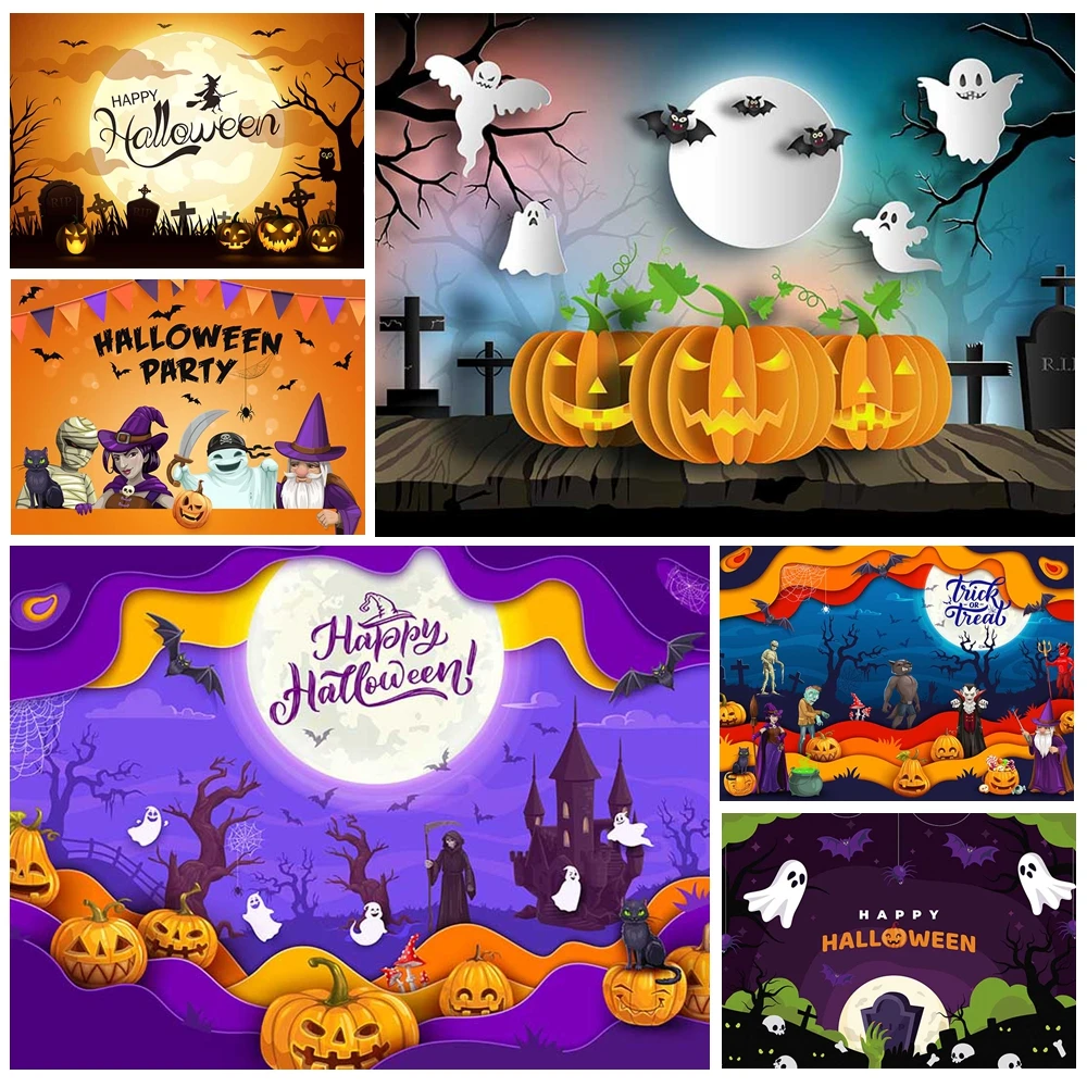 

MOON.QG Happy Halloween Background Grim Reaper Magic Cauldron Backdrop Birthday Decoration Poster Party Supplies Photobooth