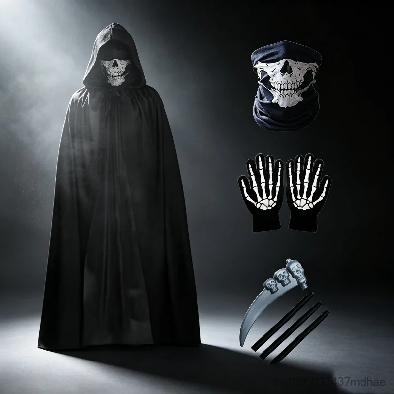 Disfraz de Bruja para Fiesta de Halloween, Capa Negra con Accesorios, para Niños y Adultos, Cosplay, Guadaña de la Muerte, Accesorios para Representaciones Escénicas