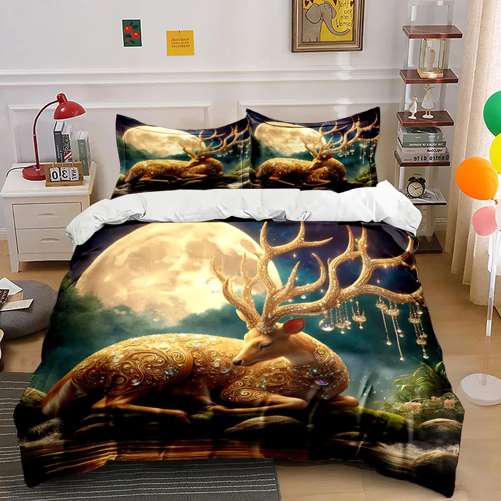 3pcs Golden antlers with dreamy moon Duvet Cover Set with 3D Printing Design Soft Polyester Bedding Set All-Season Comfort