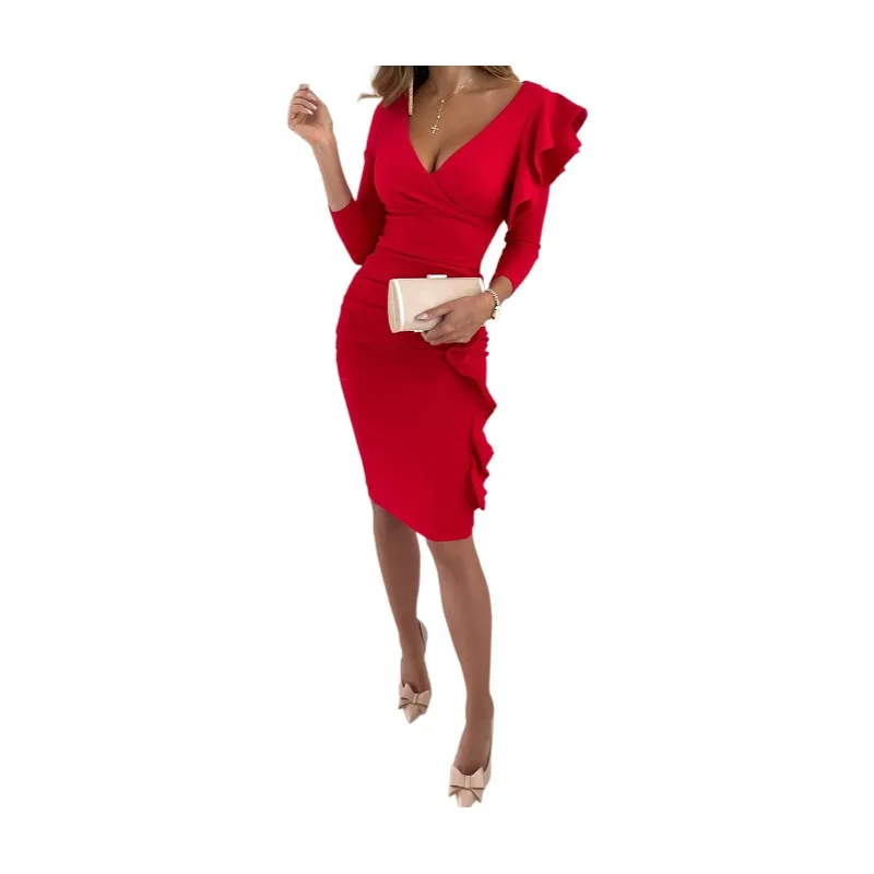 Amazon's Popular Autumn and Winter V-neck Ruffle Edge Slim Fit Pleated Hip Hugging Dress for Women