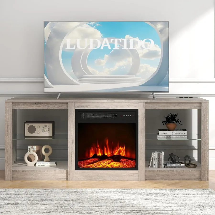 58 Ih TV Stand with 18 ih Fireplace Insert LED Light Entertainment Center Electric Fireplace TV Stand with USBAC Power Interfac