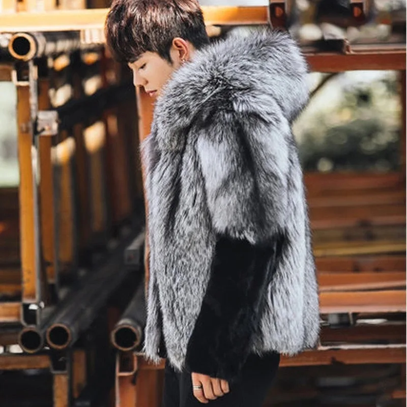 Winter Thick Warm Faux Fur Coat Men Hooded Long Sleeve Zipper Luxury Brand Jacket Korean Fashion Slim Jackets Mens Fur Jacket