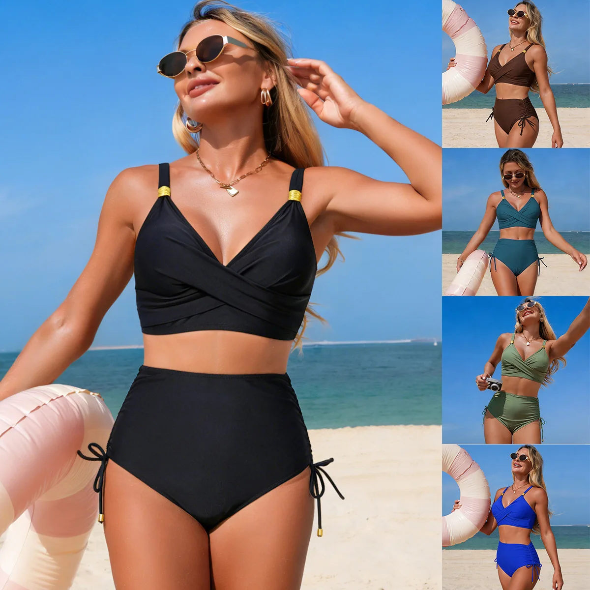 

Bathing Suit Women European And American Split Swimsuit Women's Solid Color Sports High Waist Bikini