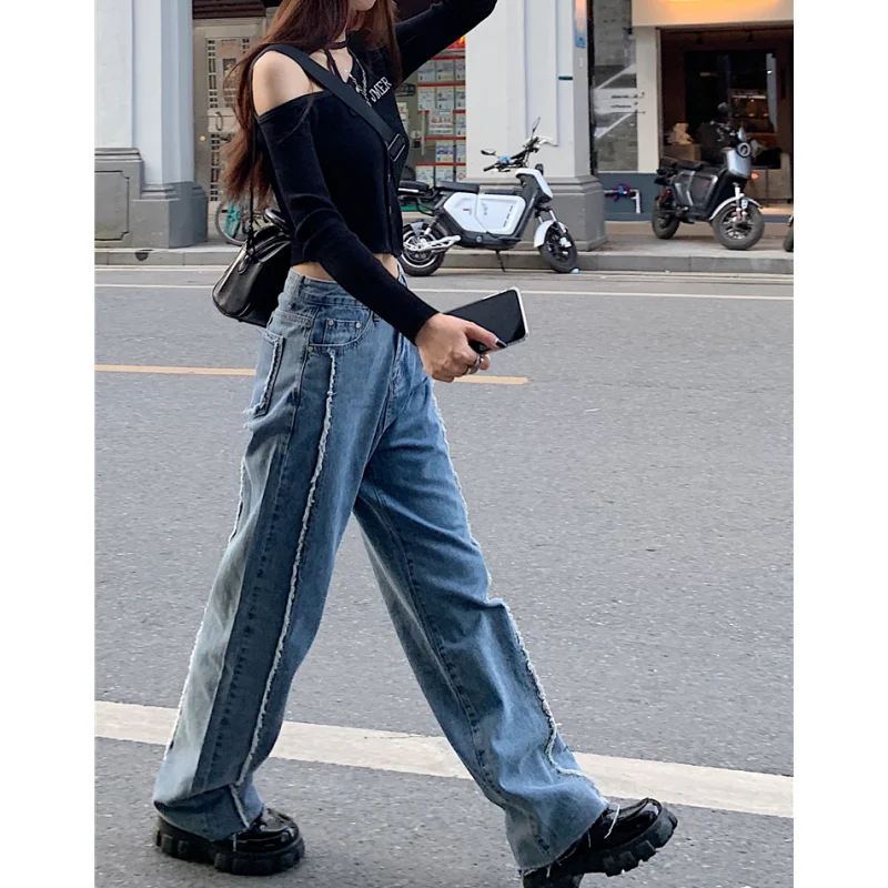 

Blue Jeans Women Vintage Baggy Pants American Chic Streetwear Fashion Y2K Style Denim 2023 Summer NEW Straight Wide Leg Trouser