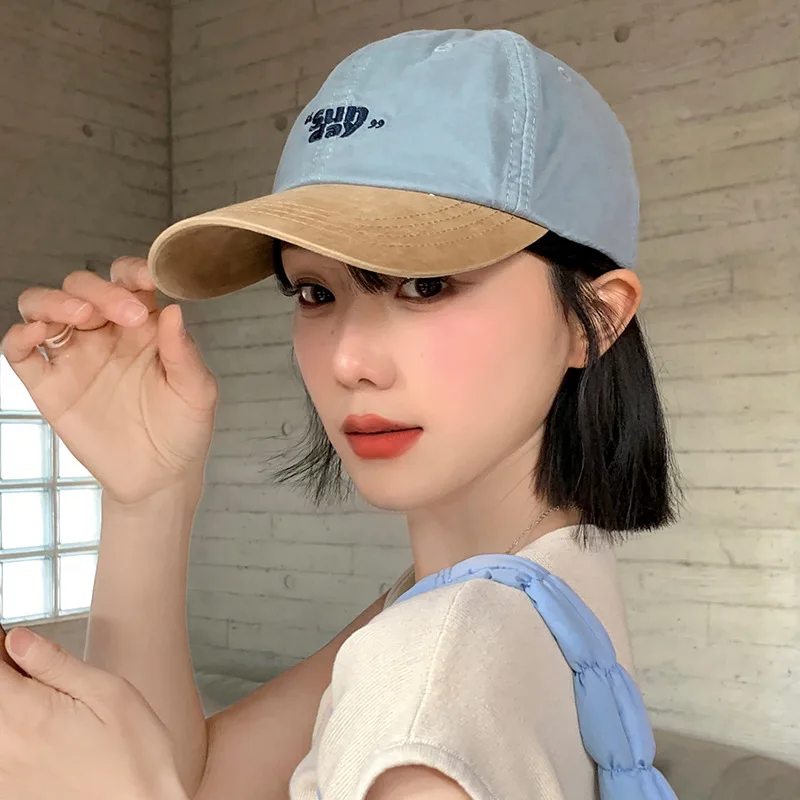 Embroidered Letters Contrast Color Soft Top Baseball Cap Women's Big Circumference Show Face Small Wide Brim Peaked Cap Kor