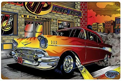 Tin Sign Vintage Chic Art Decoration Poster Hot Rod Drag Race Muscle Car for Store Bar Home Cafe Farm Garage or Club 12; X 8;