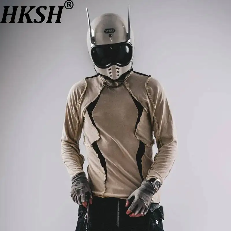 HKSH Spring Autumn New Men Tide Dark Waste Land Geometric Patchwork Deconstructed Turtleneck Washed Long-Sleeve T-shirt HK26130