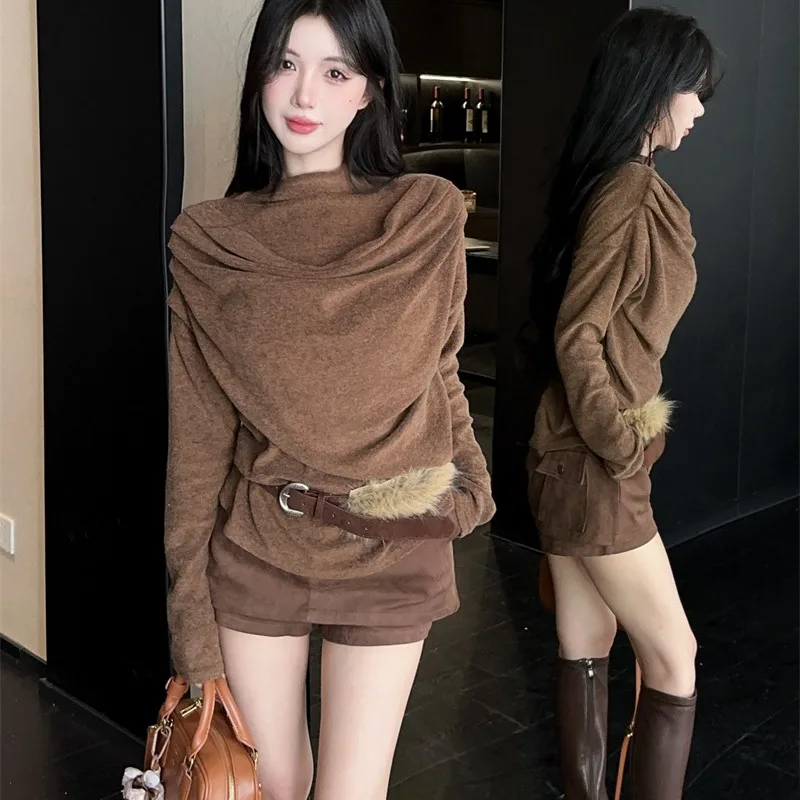 

Женская футболка Ele Slim Fit с высоким воротником Base irt Winter 2025 New Sle, длинная футболка с асимметричным подолом для женщин