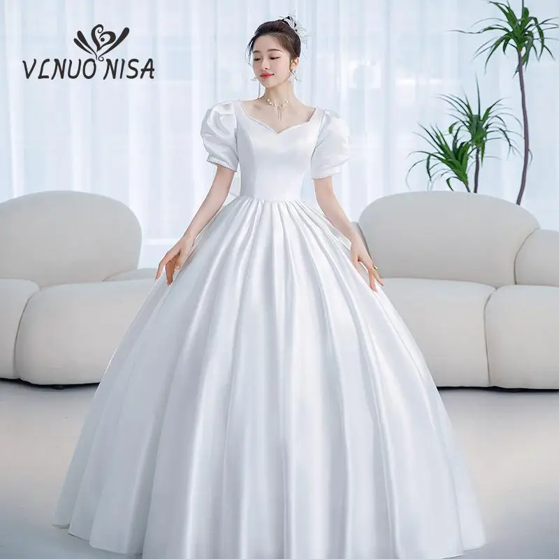 Vogue-vestido de cetim casamento com mangas curtas, estilo francês, elegante, personalizado, tamanho grande, novo, 2023