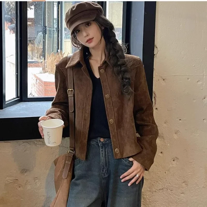 Sweet Hot Girl Retro Sueded Jacket Women's Autumn Casual Turn-down Collar Single Breasted Short Coat Fashion Female Clothes